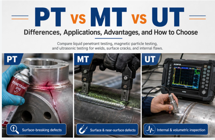 Comparison chart of Dye Penetrant, Magnetic Particle, and Ultrasonic Testing