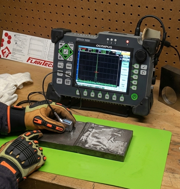 Ultrasonic flaw detector reading a weld specimen