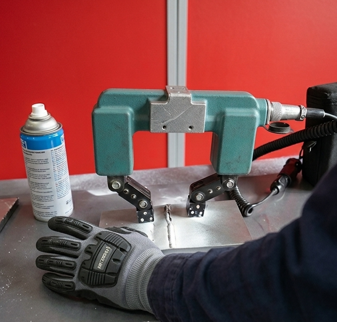 Technician performing ultrasonic weld testing with PPE on site